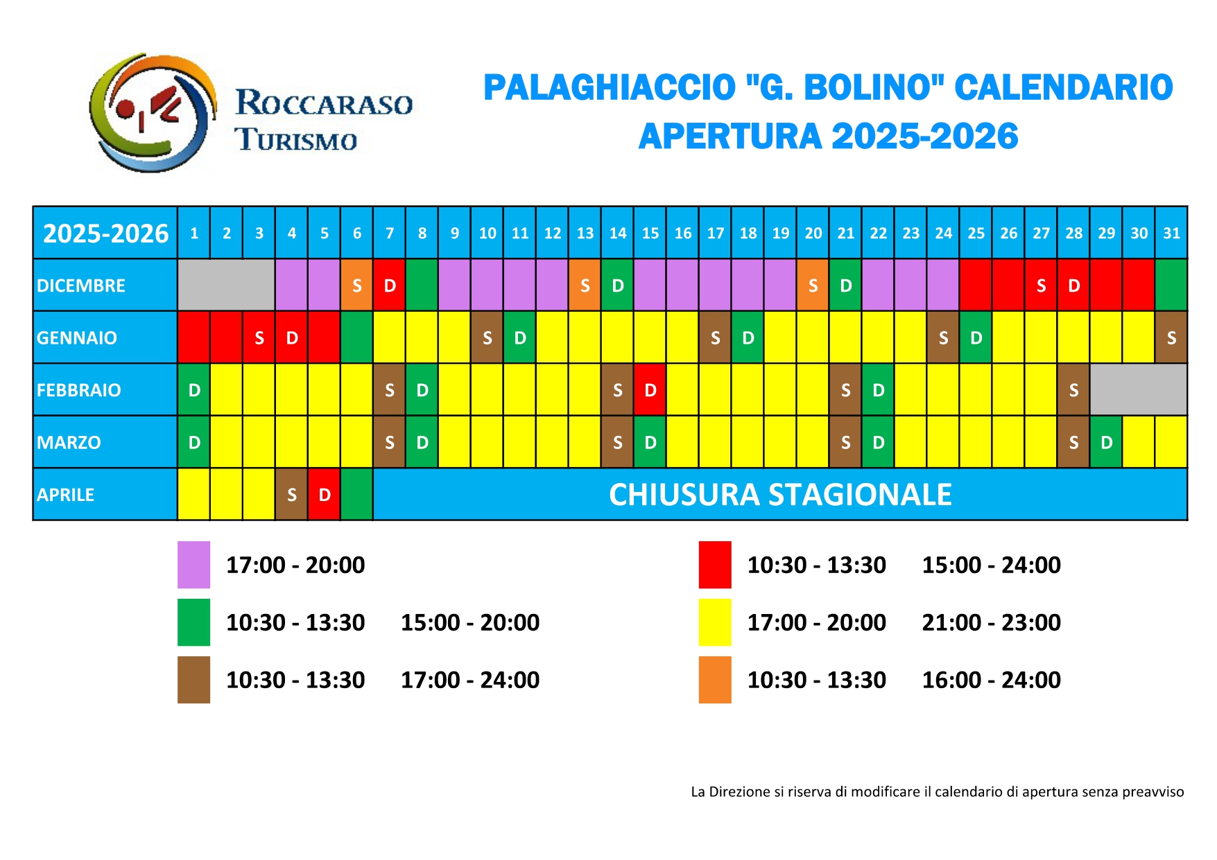 Orario di apertura Palaghiaccio 2025-2026